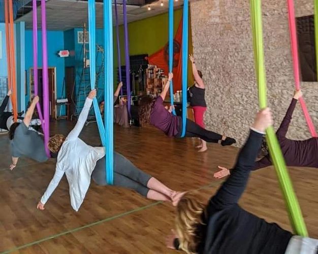 Reaching Treetops Yoga offers Yoga and Aerial Yoga classes. Book a private group party with us!