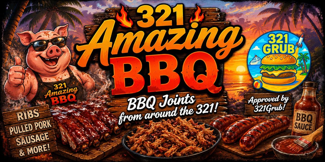 321 Amazing BBQ advertisement with ribs, pulled pork, sausage, and BBQ sauce at sunset.
