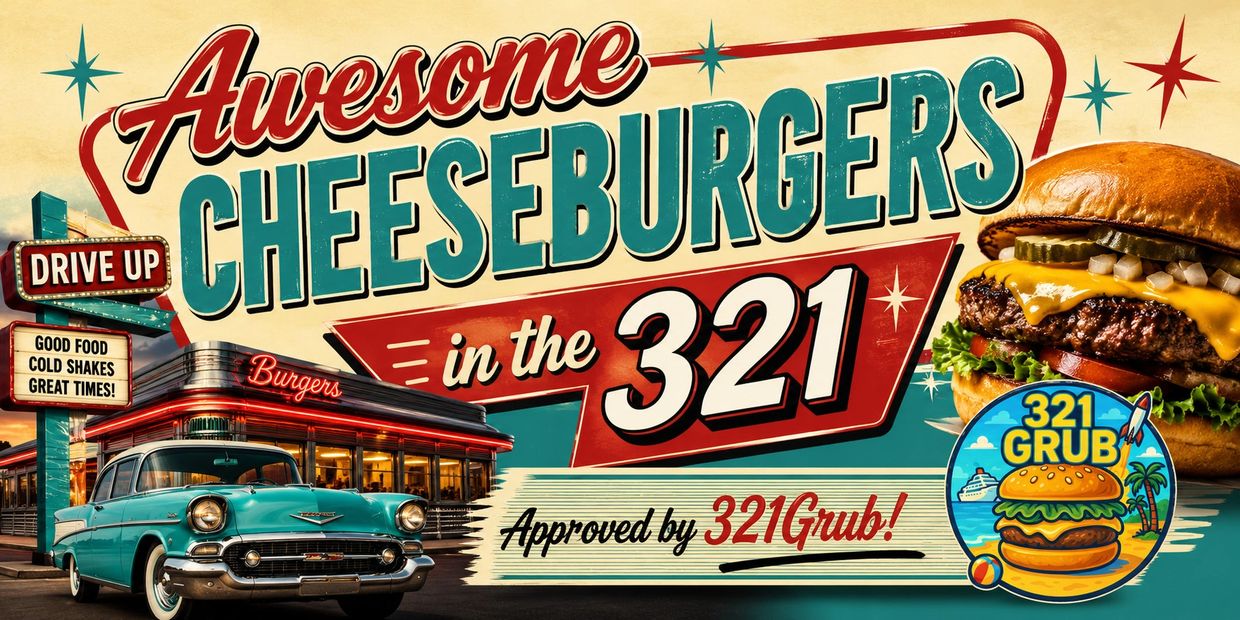 Retro diner ad for awesome cheeseburgers in the 321 area, featuring a classic car and a juicy burger.