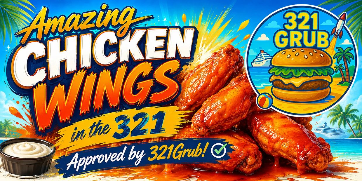 Advertisement for amazing chicken wings approved by 321Grub with a beach and cruise ship background.