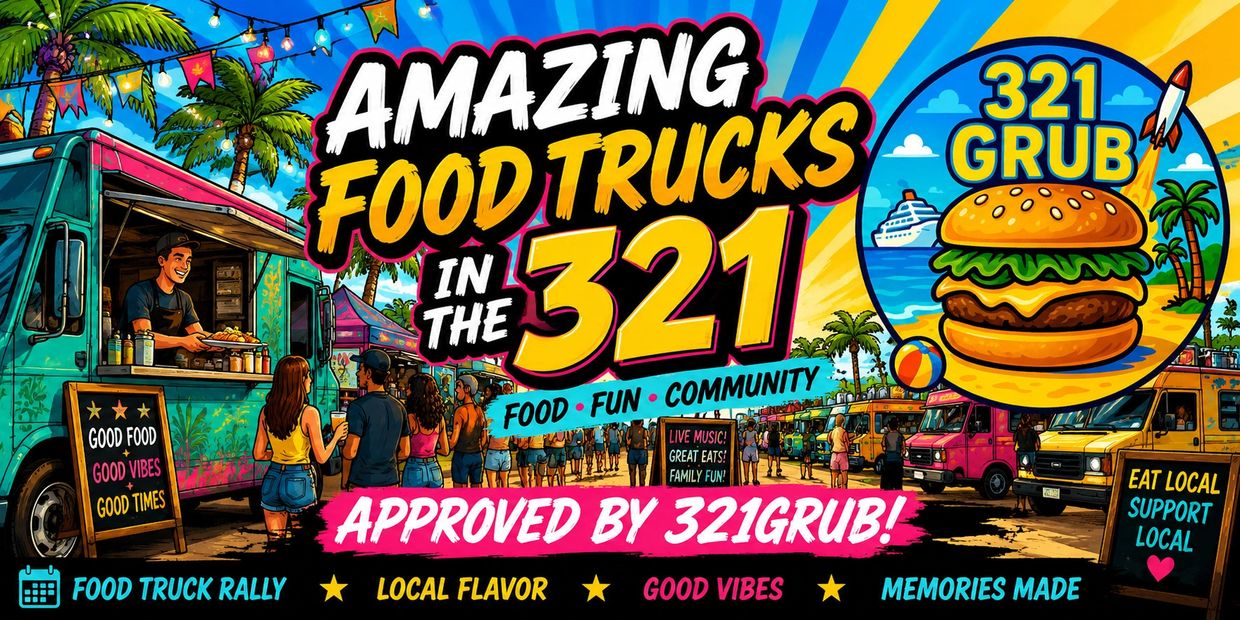Colorful food truck rally with happy people enjoying local eats and community vibes.