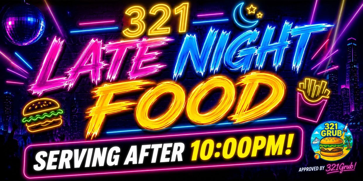 Neon sign promoting late night food available after 10 PM with burger and fries icons.