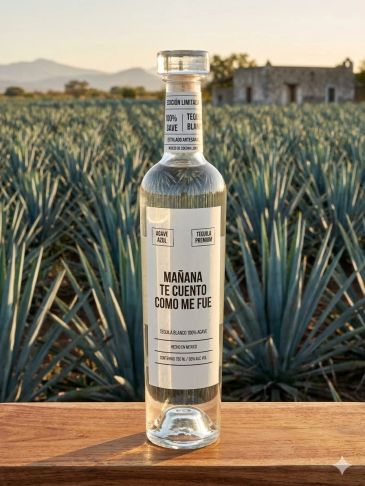Botella de tequila transparente en un campo de agave.