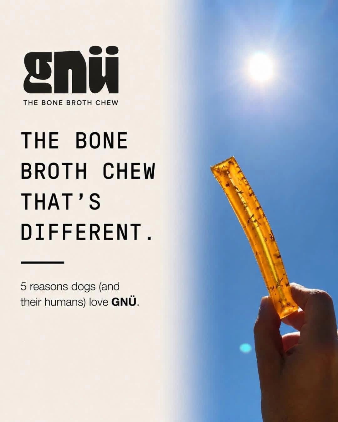 Advertisement for GNÜ, the bone broth chew for dogs.