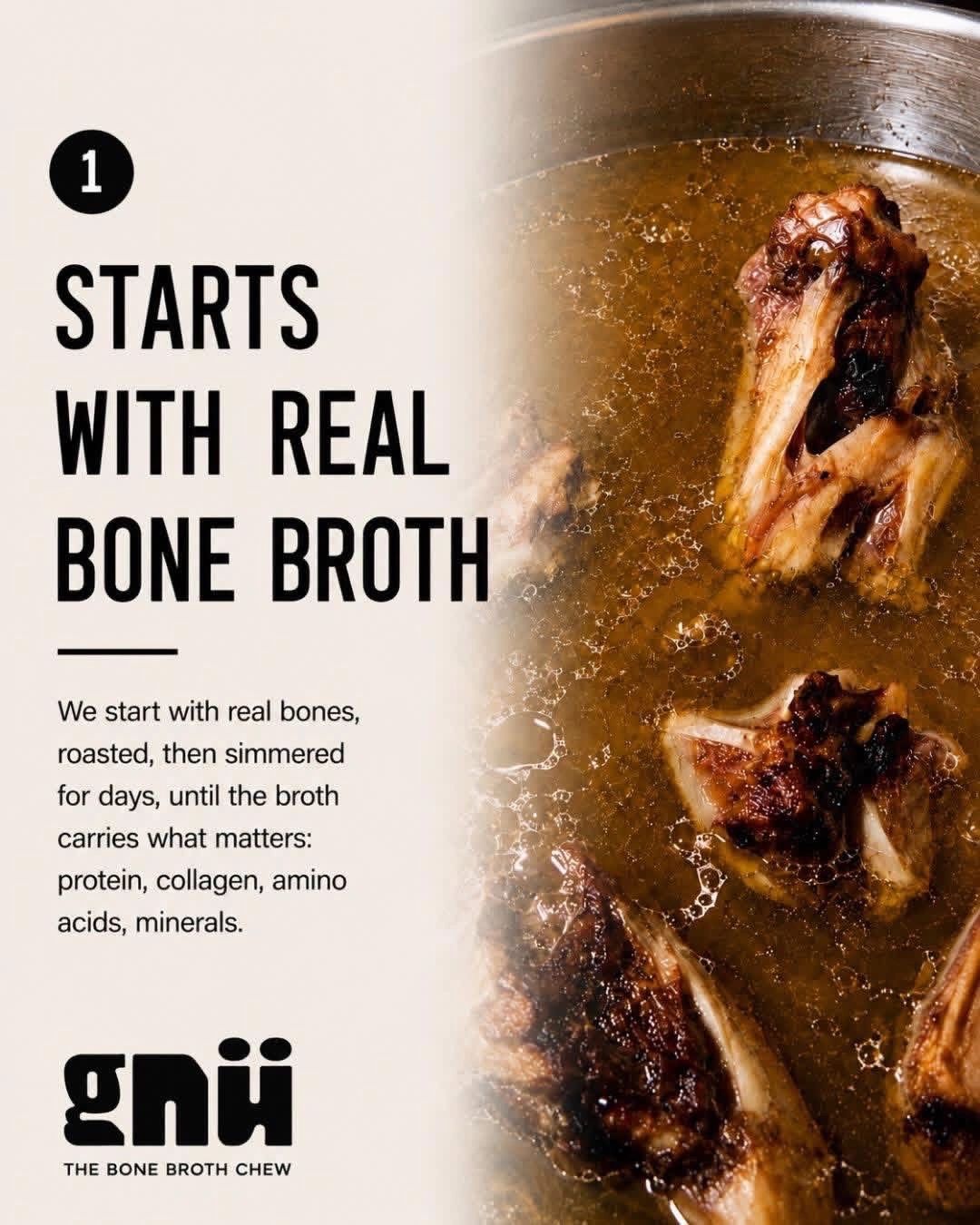 Bone broth simmered from real roasted bones.