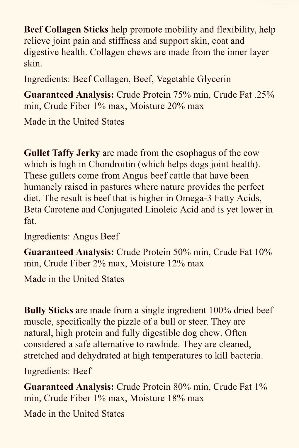 Ingredients and analysis of beef-based dog chews: Beef Collagen Sticks, Gullet Taffy Jerky, and Bully Sticks.