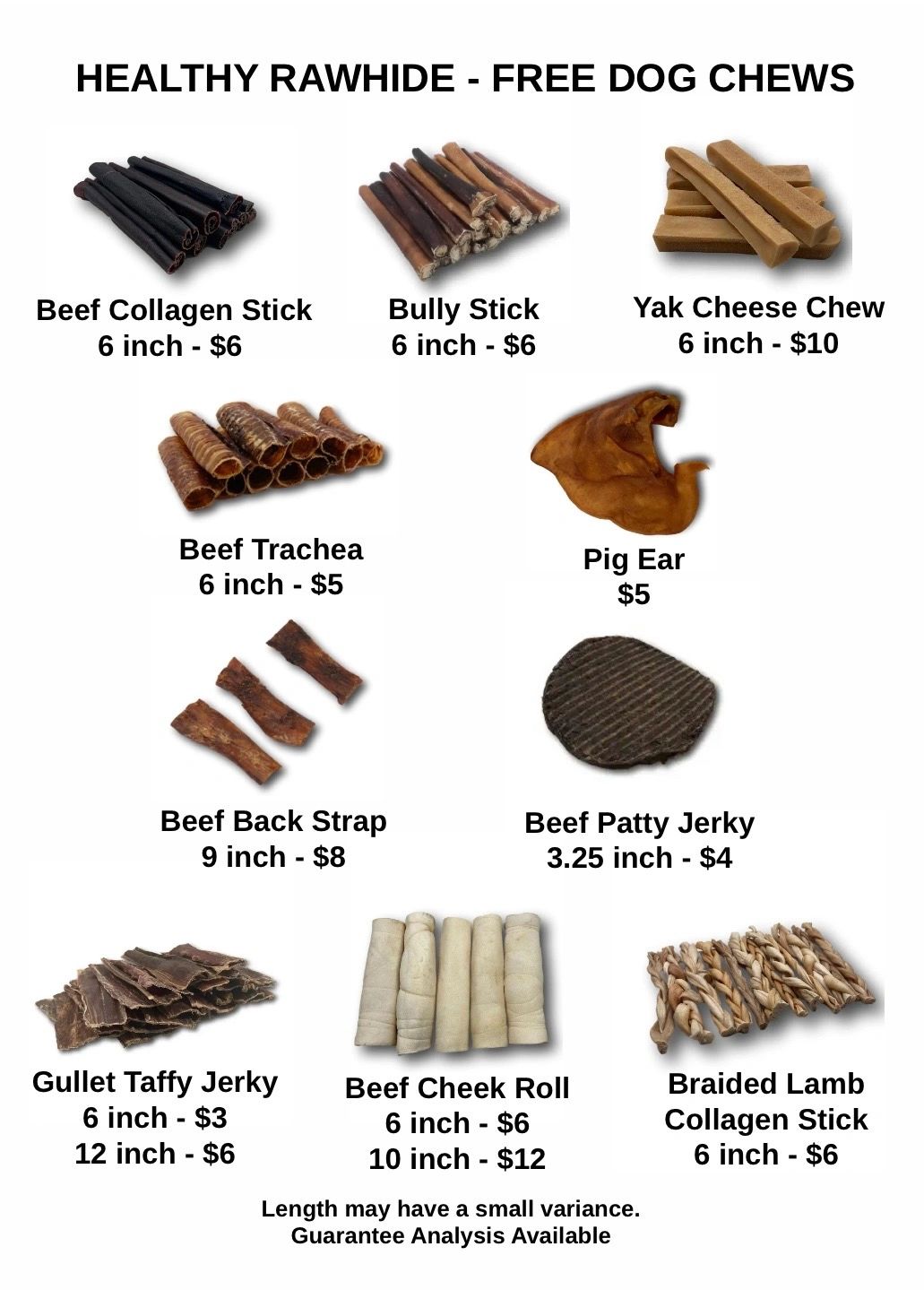 Various healthy rawhide dog chews with prices and sizes.