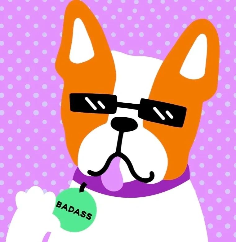 Cartoon dog wearing sunglasses and a "BADASS" tag.