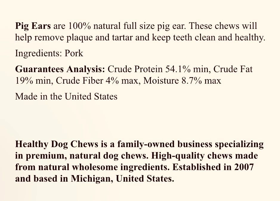 Pig ears dog chews made from natural pork, healthy and dental care benefits.