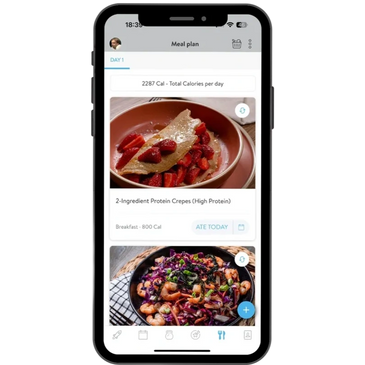 Meal plan app showing high protein crepes and shrimp salad dishes.