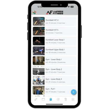 Fitness app showing various dumbbell and gym workout plans with durations and exercises.