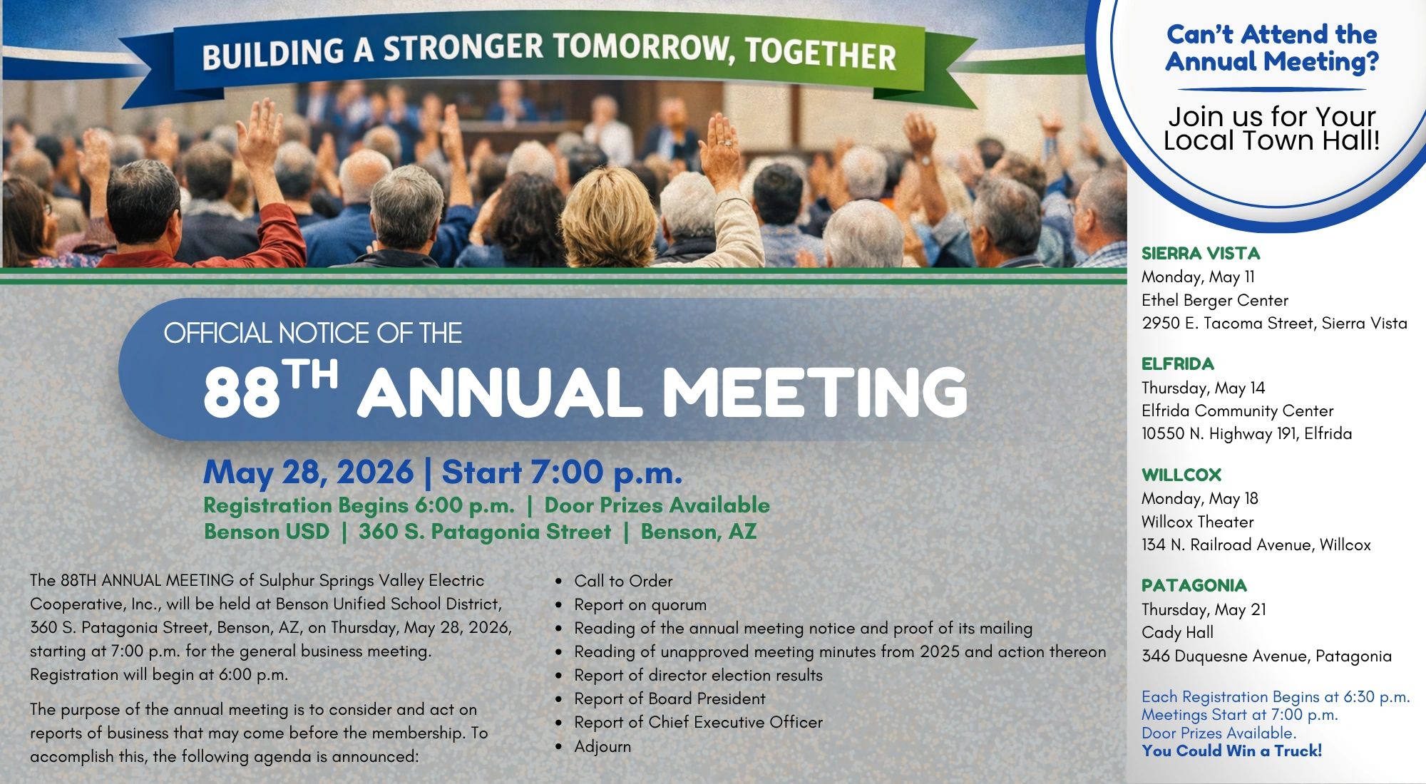 Announcement of the 88th Annual Meeting with details on time, place, and agenda.