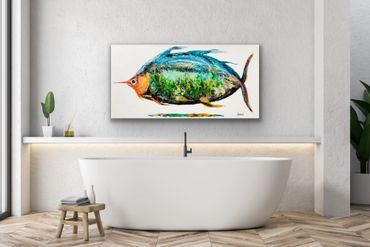 Modern bathroom with a colorful fish painting above the bathtub.