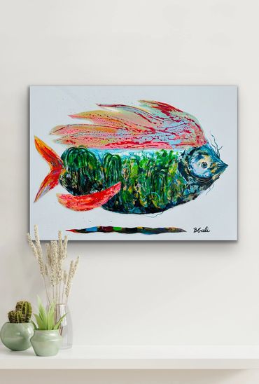 Abstract colorful fish painting with vibrant green, red, and pink hues.