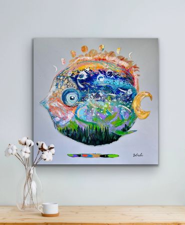 Colorful abstract fish painting with vibrant textures and patterns.