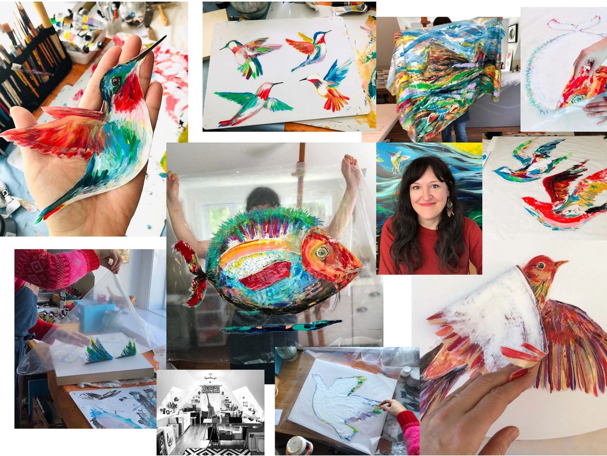 Artist creating colorful bird and fish paintings with vibrant brushstrokes in a bright studio.