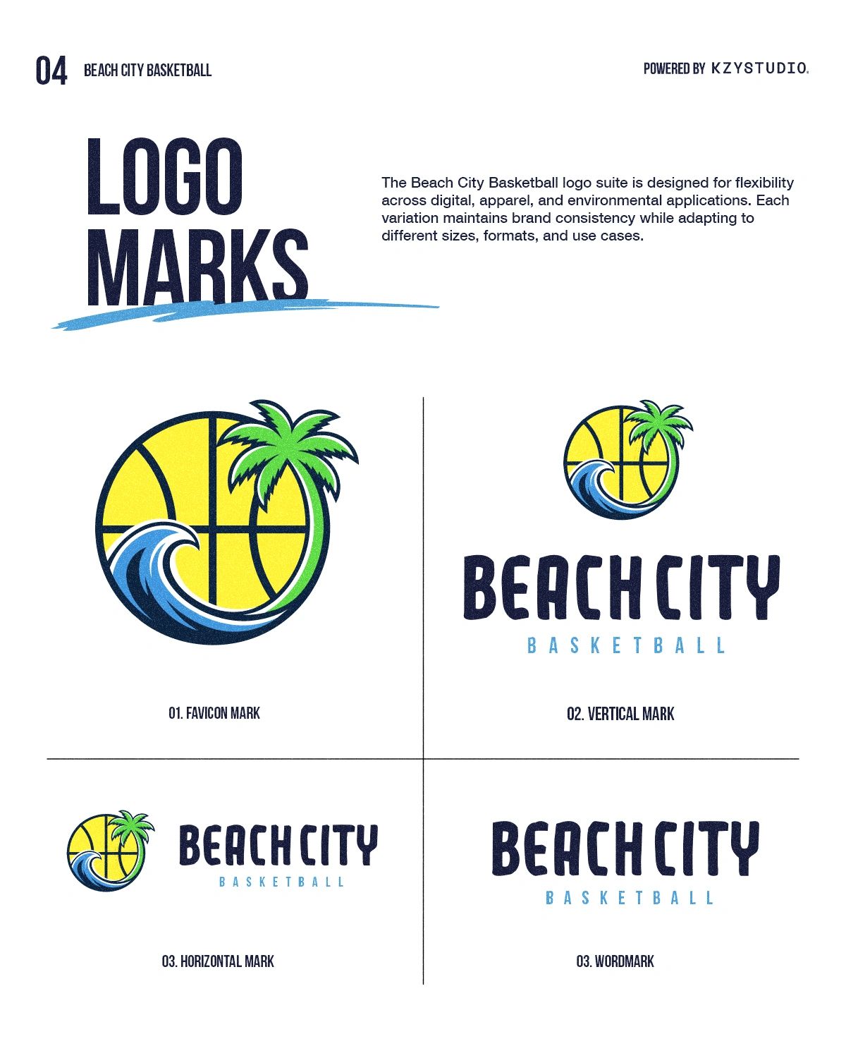 Beach City Basketball logo variations with palm tree, wave, and basketball design.