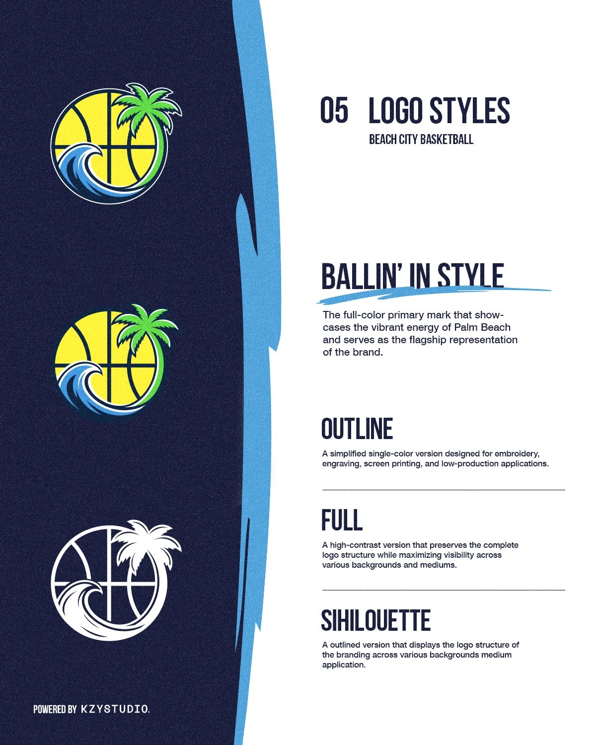 Different logo styles for Beach City Basketball featuring palm tree and wave.