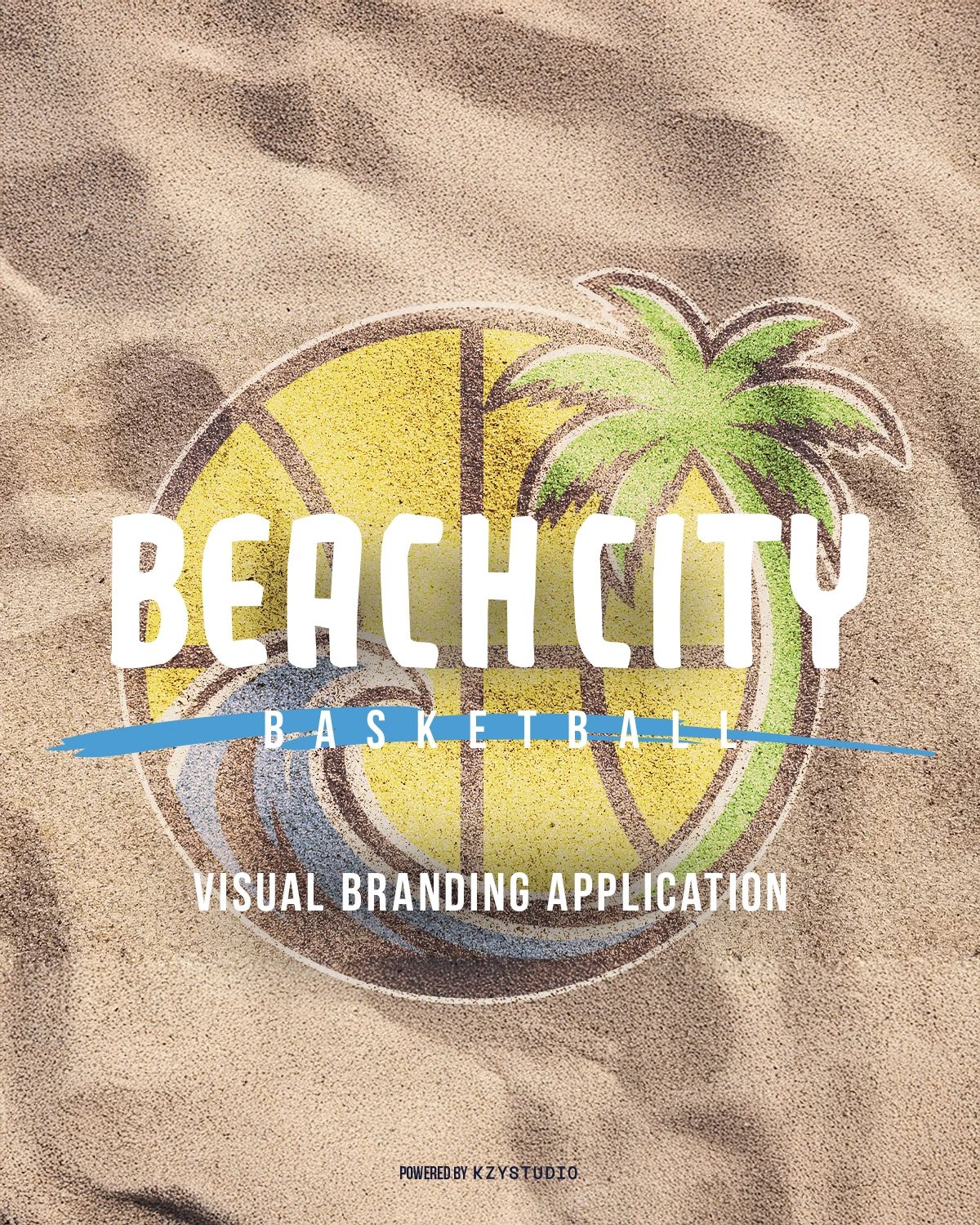 Beach City Basketball logo on sandy surface.