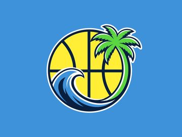 Basketball with wave and palm tree logo.