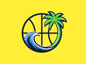Basketball, wave, and palm tree logo on yellow background.