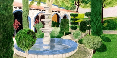 This is a landscape colored pencil painting of a Spanish home called "The Hacienda."