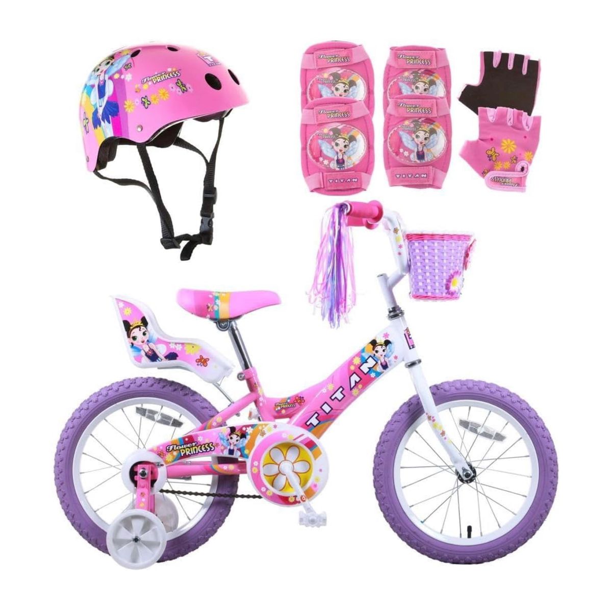 Titan Flower Princess Girls 16" Bike, Helmet and Pad Set Combo