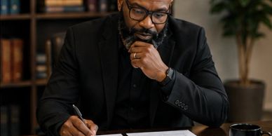 Man in black suit writing at desk.