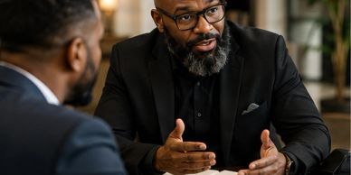 Two men engaged in a serious discussion.