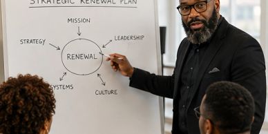 Businessman explaining strategic renewal plan on whiteboard.