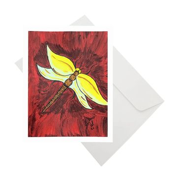 Notecard - Yellow Dragonfly on Burgundy Background