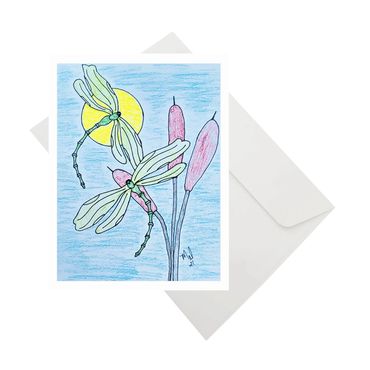 Notecard - Dragonflies & Cottontails Colored Pencil Drawing