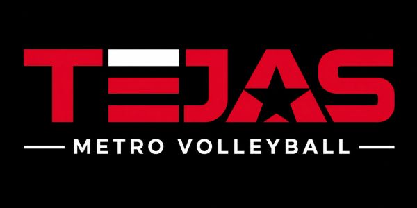 Logo for Tejas Metro Volleyball in red and white.