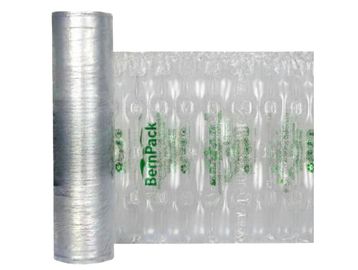 Roll of transparent bubble wrap with green text.