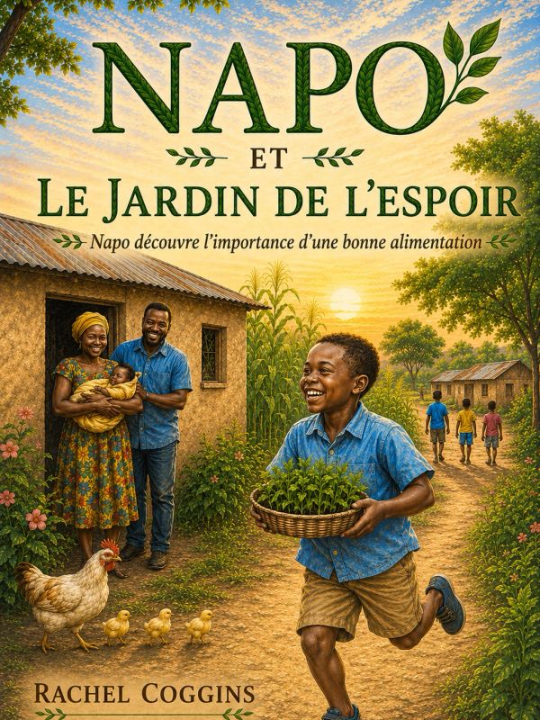 A joyful boy carries plants in a rural village setting.
