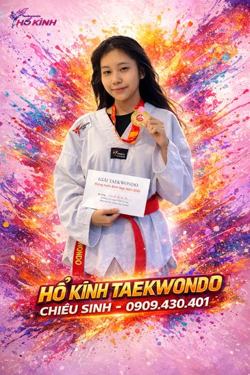 Young girl in Taekwondo uniform holding a medal and certificate.