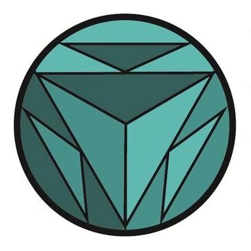 Abstract geometric circle with teal triangular shapes.