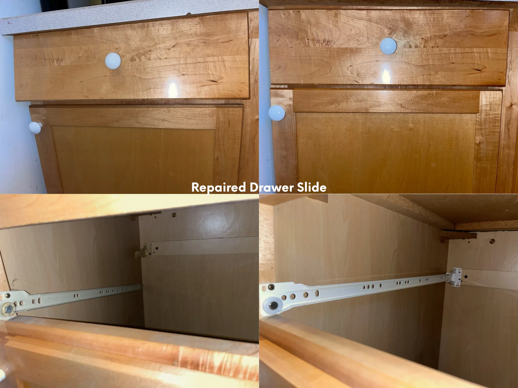 A drawer slide came loose, and in a small kitchen it was bad.  The slide was replaced and storage re