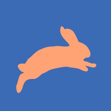 Hop Skip Fly Bunny Logo, Jumping bunny, orange bunny blue background