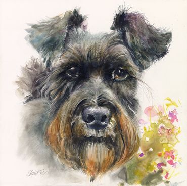 Watercolor painting of a dog's face with colorful splashes on the side.