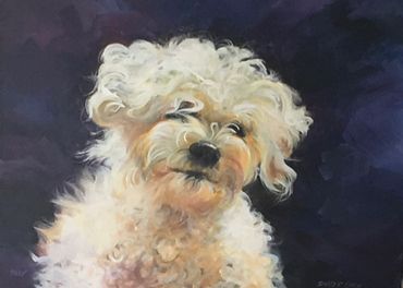 Painting of a fluffy white dog with curly fur against a dark background.