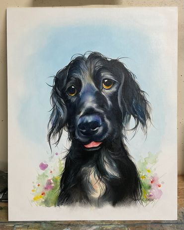 Painting of a black dog with expressive eyes and a pink tongue.