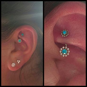Close-up of ears with turquoise and diamond earrings.