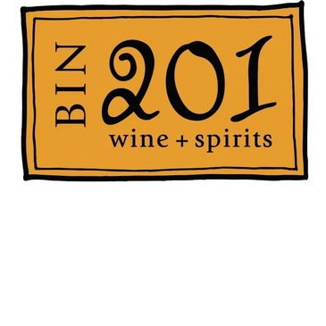 Logo for Bin 201 wine and spirits on an orange background.