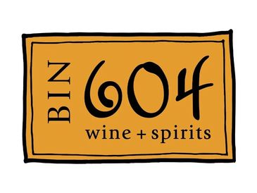 Logo for Bin 604 wine and spirits with bold typography on a brown background.