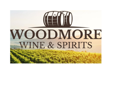 Logo for Woodmore Wine &amp; Spirits with vineyard background.