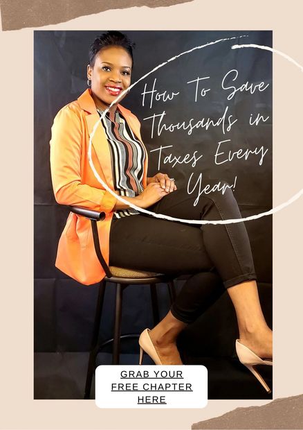 Woman in orange blazer promotes saving thousands in taxes with a free chapter offer.
