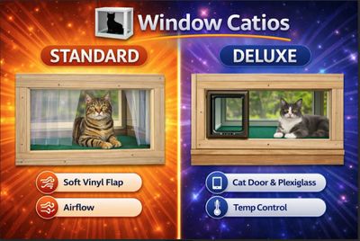 Comparison of standard and deluxe Window Catios with features for cats.