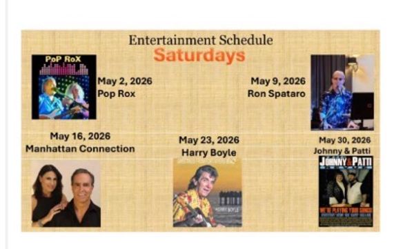 Entertainment schedule for Saturdays in May 2026 with various performers.