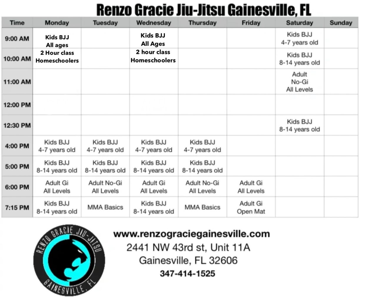 Weekly Jiu-Jitsu class schedule at Renzo Gracie Gainesville, FL.